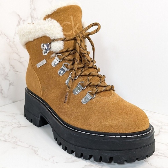 NEW Calvin Klein Women's Kristel Leather Fur Collar Boot Light Brown Size 6.5 M - Picture 1 of 8